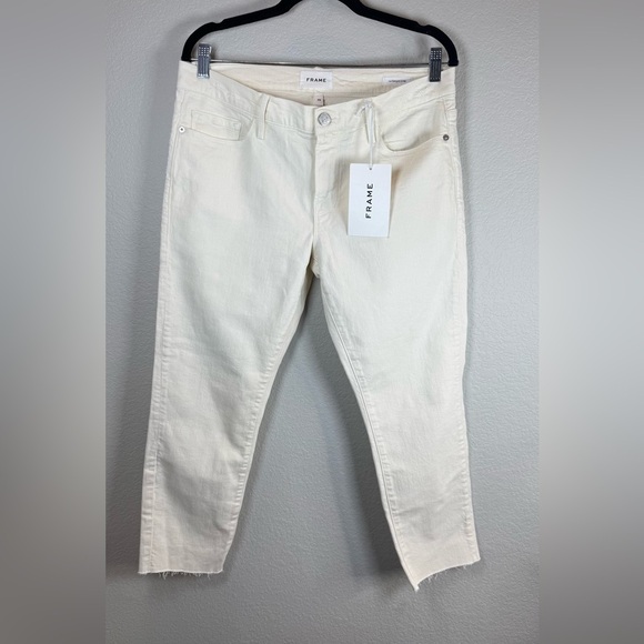 Frame Mid-Rise Straight Leg Le Garcon Denim Jeans Size 29 Cream Frayed Hem‎ - Picture 1 of 9